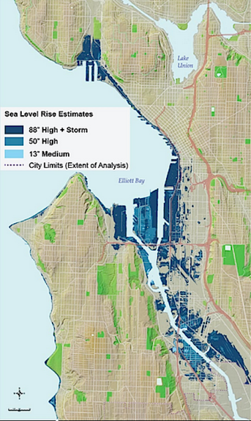 Figure 21.4: Areas of Seattle projected by Seattle Public Utilities to be below sea level during high tide (Mean Higher High Water) and therefore at risk of flooding or inundation - 