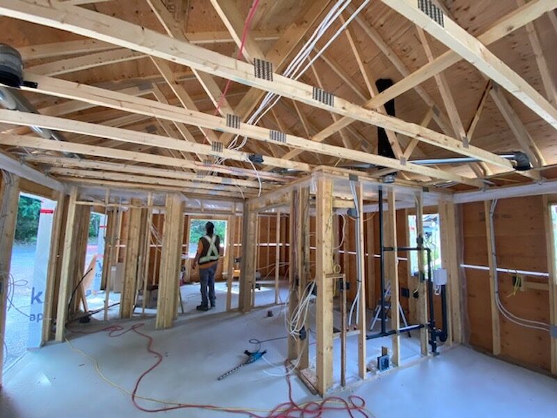 A photo of the pre-drywall stage at Cortes Island Senior Society's housing units.