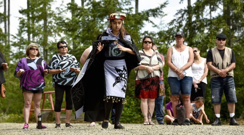 A young dancer performs at a blessing ceremony for Nenagwas, a future home for the Tlowitsis First Nation displaced from their village more than half a century ago.