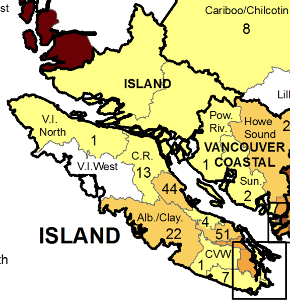 A red and white and yellow map of the Lower Mainland's cases for the week of Feb. 27.