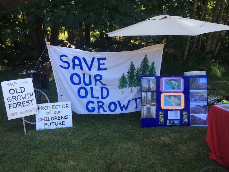 Banners beside the table where people were writing letters to Premier Horgan