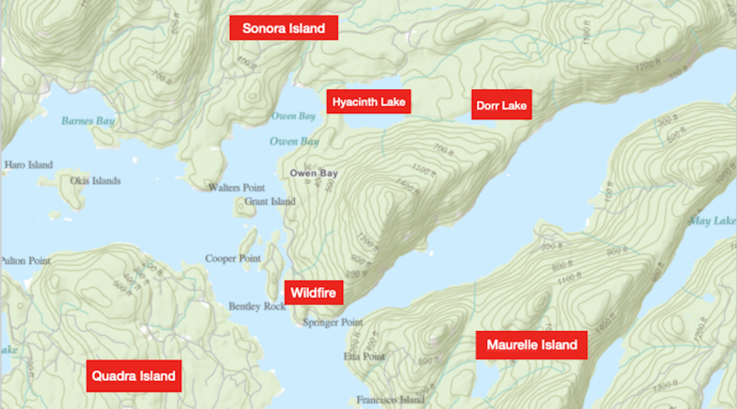 Map showing the location of the Sonora Island fire in relationship to Quadra and Maurelle Islands