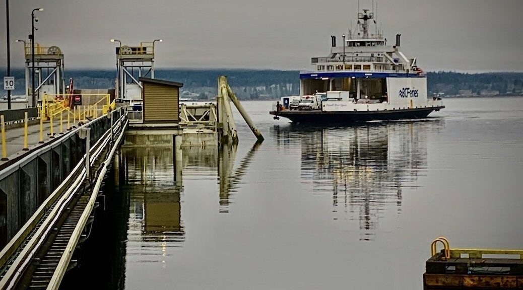 BC ferry approaching dock in Quathiaski Cove