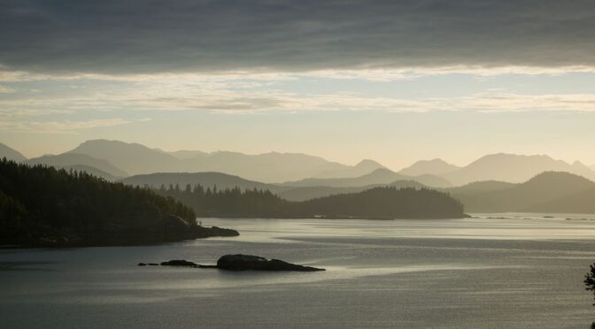 looking east from the Hakai Institute Ecological Observatory on Quadra Island, with parts of Quadra Island in the foreground, Read Island in the mid-ground and little bits of Cortes Island, West and East Redonda islands, and the mainland of BC in the background