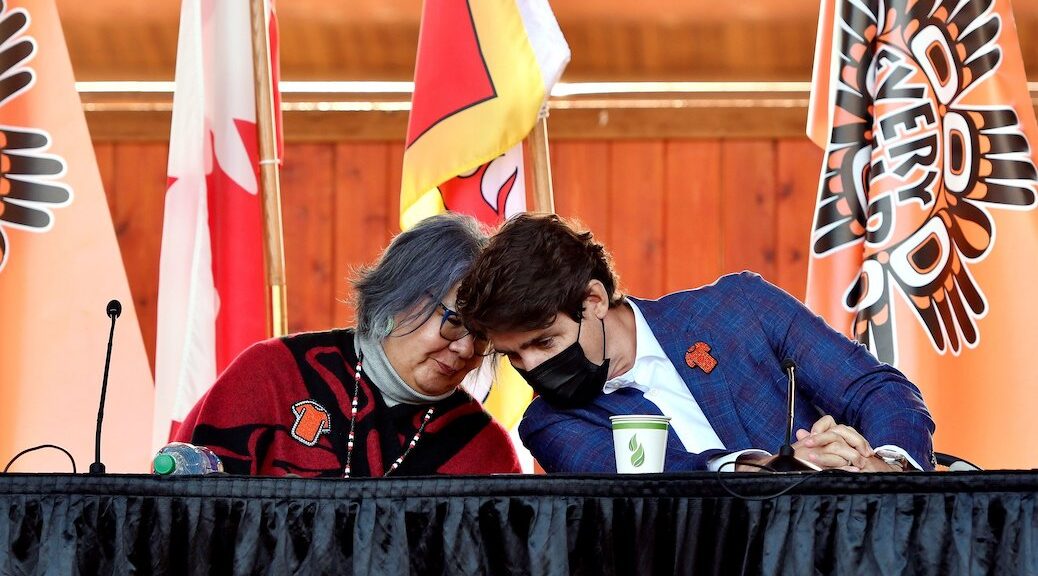 Canada's Prime Minister Justin Trudeau and National Chief of the Assembly of First Nations RoseAnne Archibald