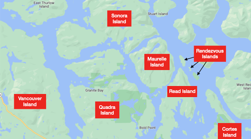 Map showing location of Read, Maurelle, Sonora and Rendezvous Islands