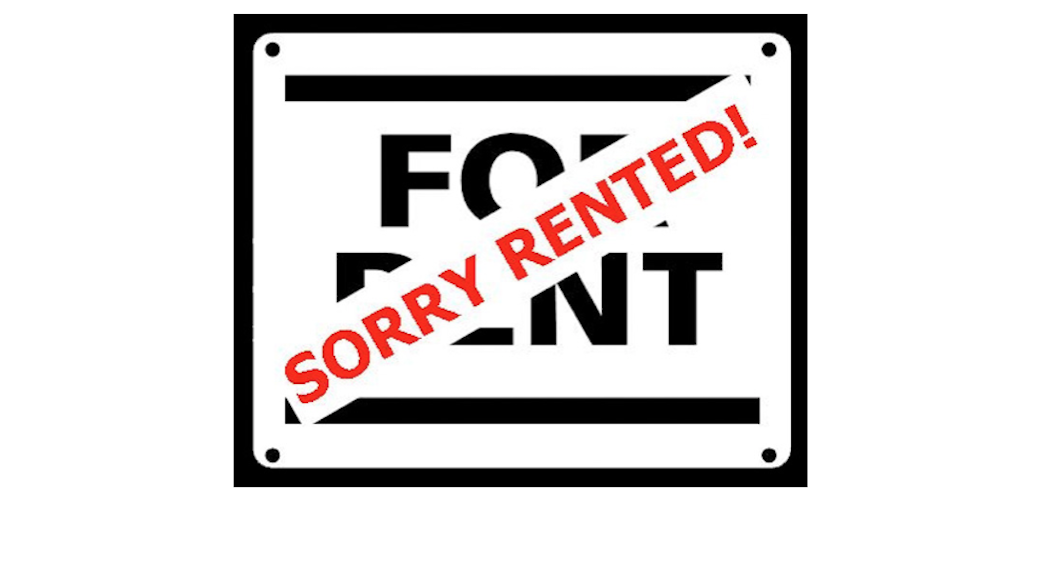 For Rent sign with the words 'sorry rented' across it in red