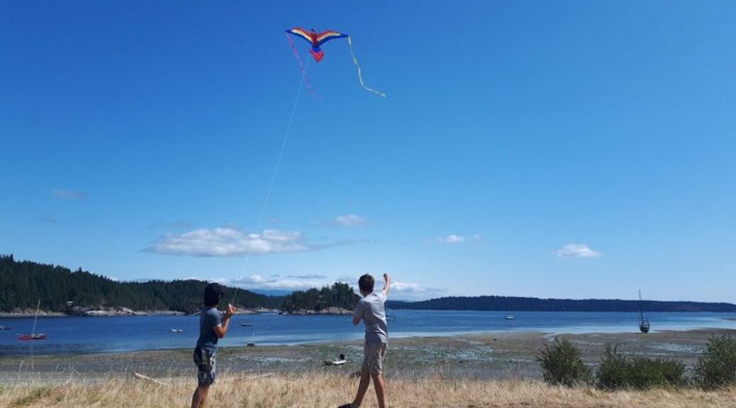 Two youth flying a kite on the beach