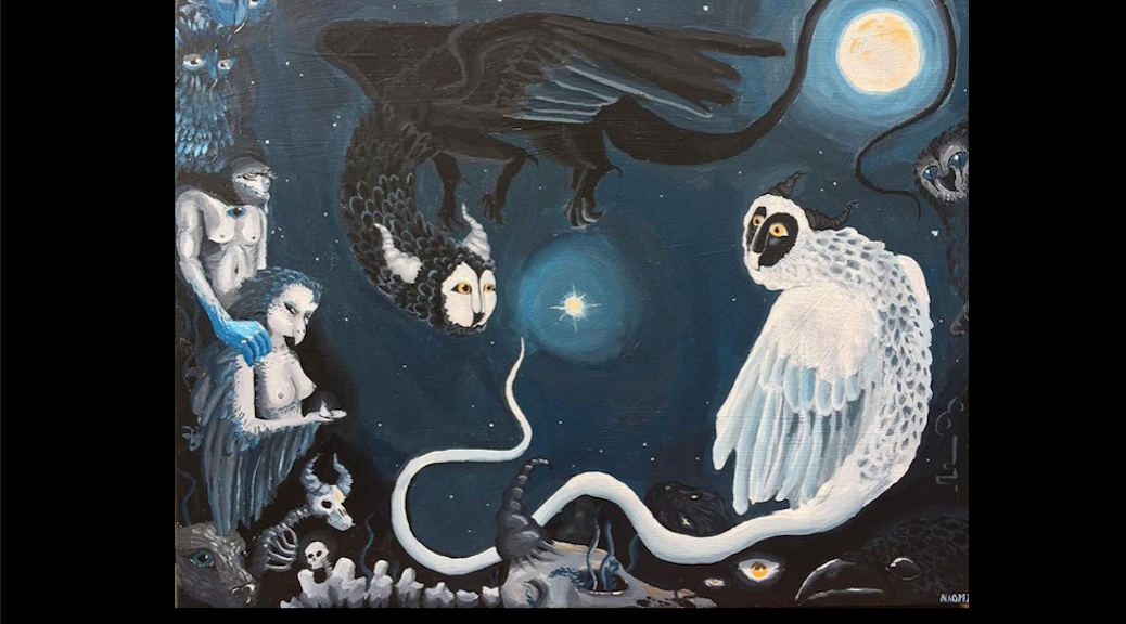 A painting of bight owls and strange beasts