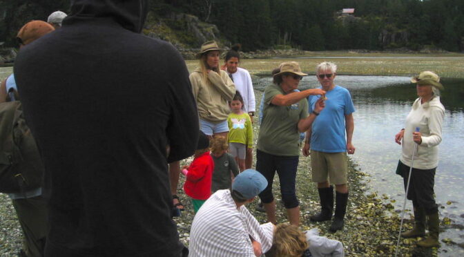 woman standing beside a lagoon holding parts of a dead crab, a number of people look on