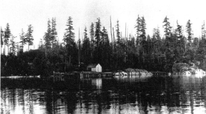 A long wharf, with a building, juts out into the ocean. A second building can be seen in the forest behind it.