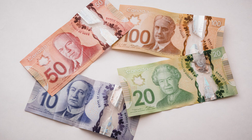 Canadian $10, $20, $50 and $100 bills