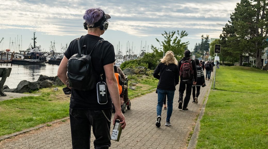 A line of people walking along Campbell River's Seawall.