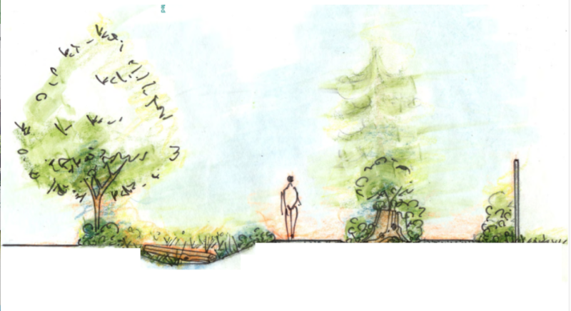 Artists sketch showing a human figure walking along a path, surrounded by trees