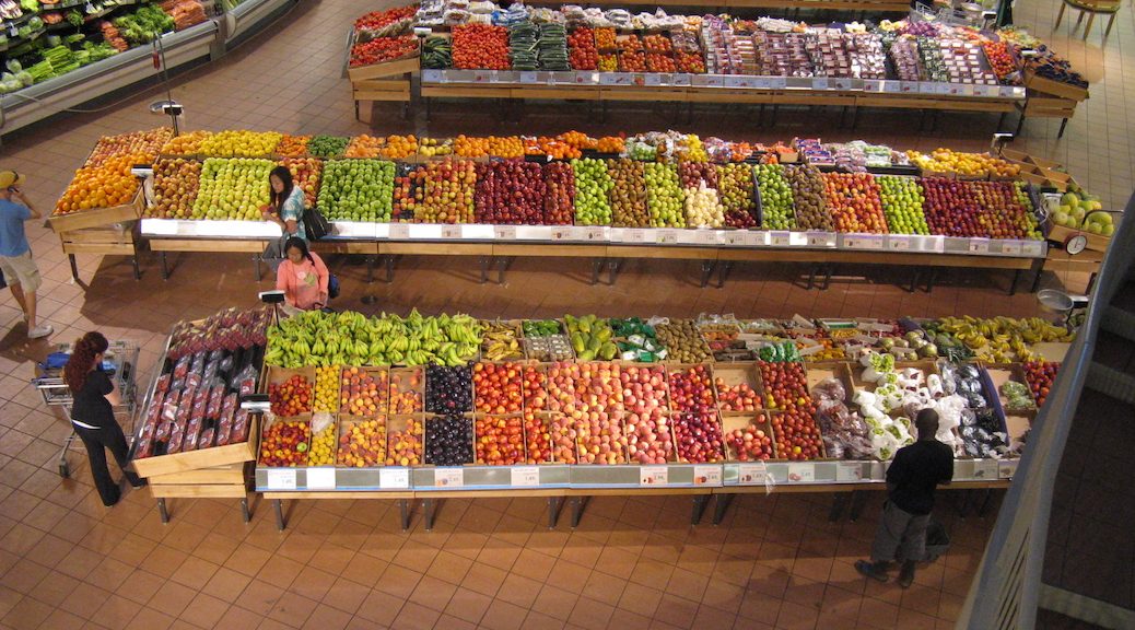 Aerial view showing several aisles of a grocery stores