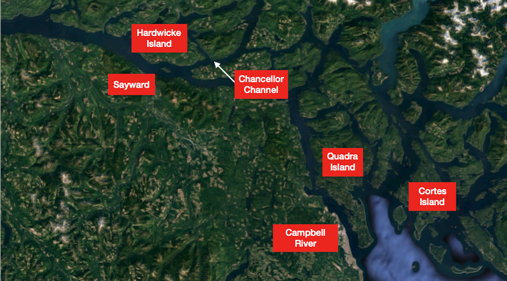Map of spill area in relationship to Sayward, Campbell River , Quadra and Cortes Islands