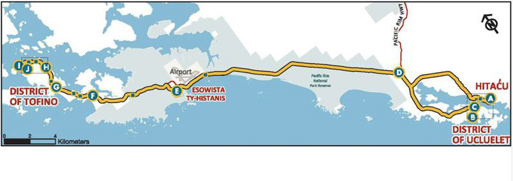 Map showing a yellow line stretching from Ucluelet to Tofino with several stops along the way