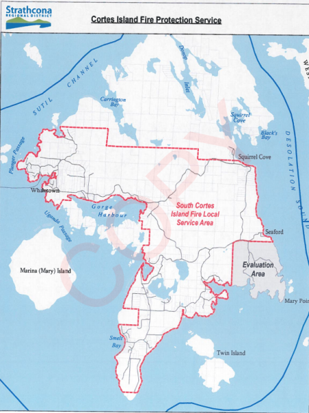 Map of Cortes Island showing areas the Cortes Island Fire department is hored to protect