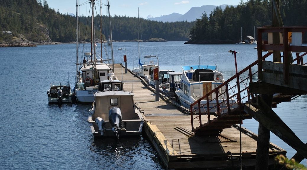 Looking out along a dock in a sheltered bay, There are several pleasure craft and a fish boat tied up to it.
