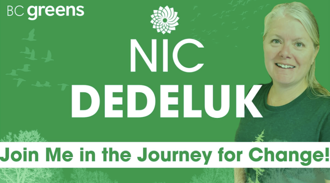 Woman standing against a green background. The text says Nic Dedeluk - join me in the journey for change
