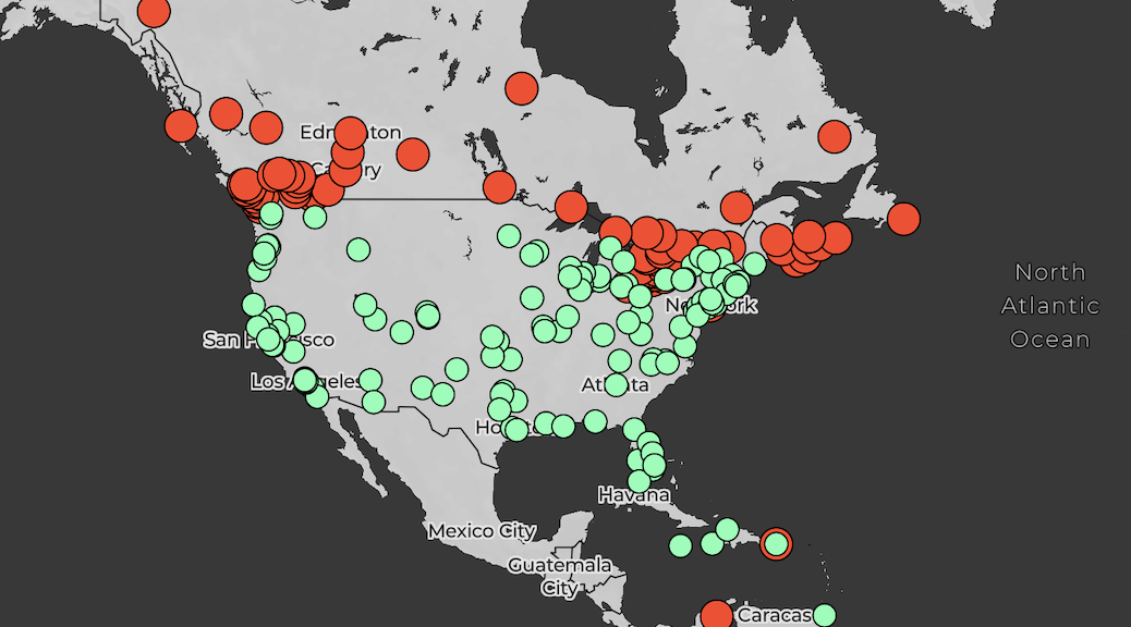 Red and Green dots on a map of NOrth America