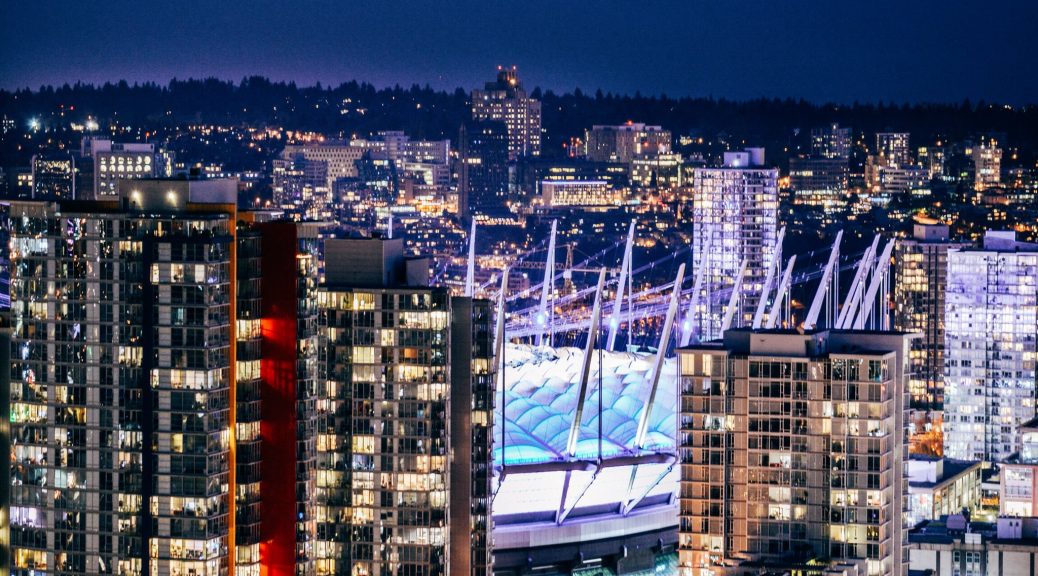 Looking out at the Vancouver skyline at night
