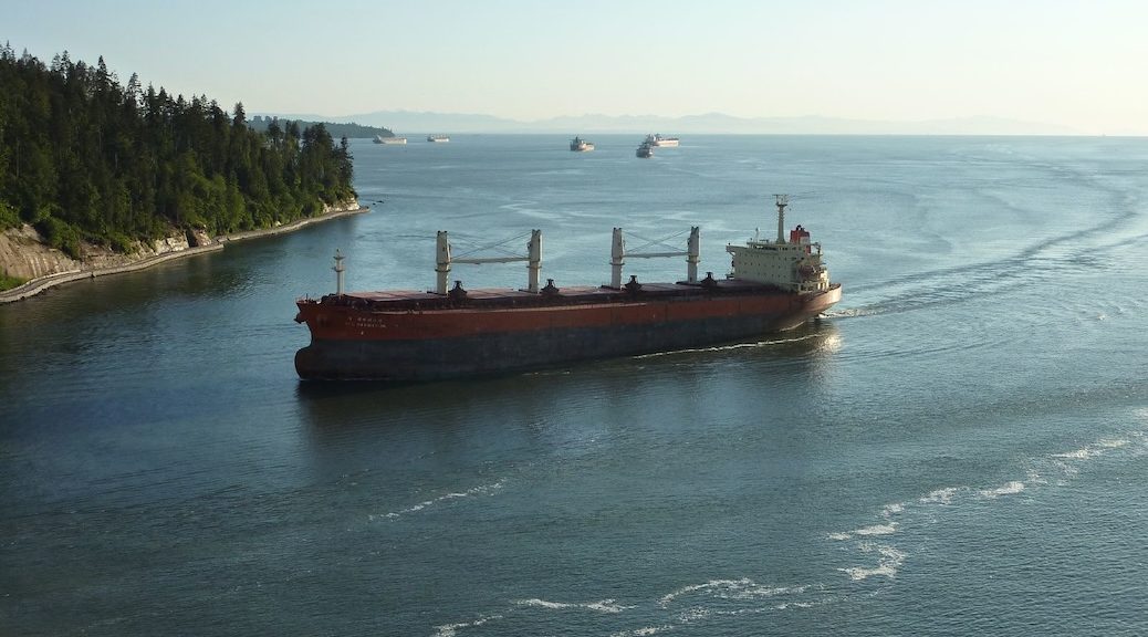 Oil tanker seen off the a heavily wooded shore