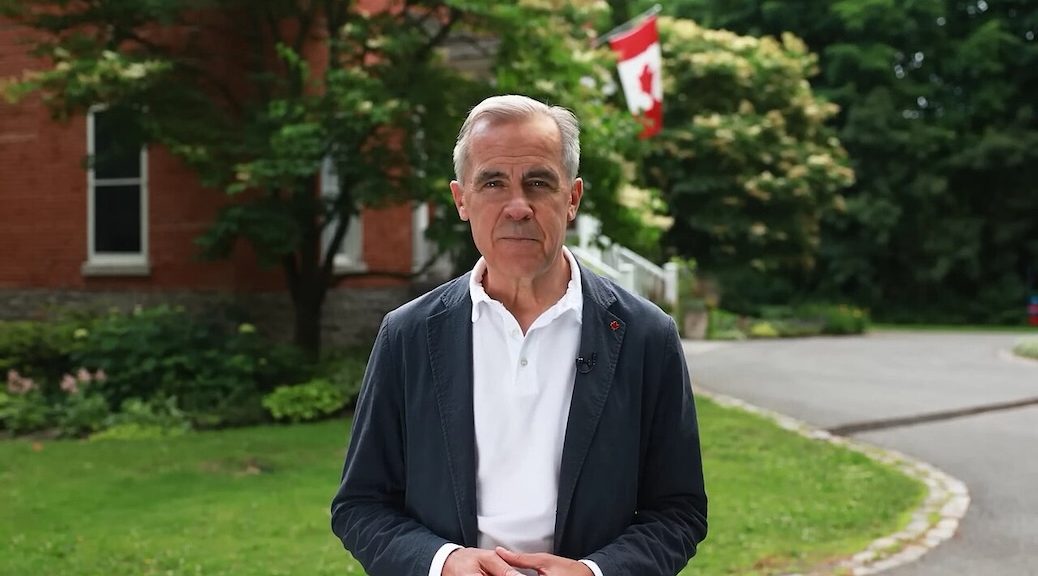 Screenshot of Prime Minister Mark Carney casually dressed, standing on a lawn