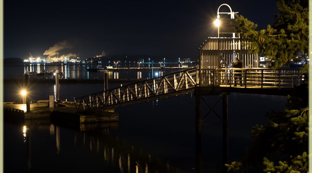 City lights along a dark waterfront shoreline.