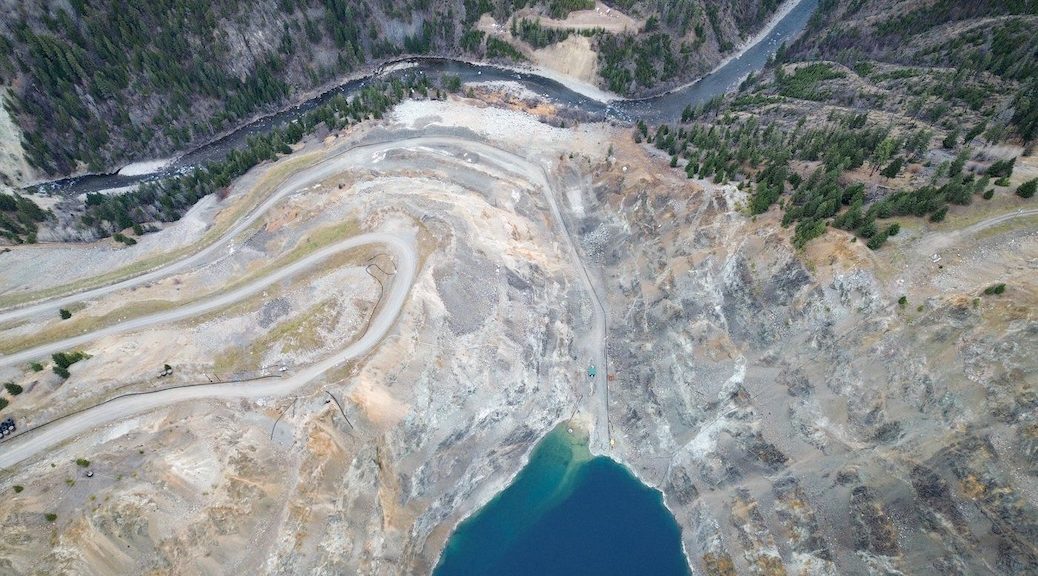 Aerial image showing the Copper Mountain Mine’s Ingerbelle pit’s proximity to the Similkameen River