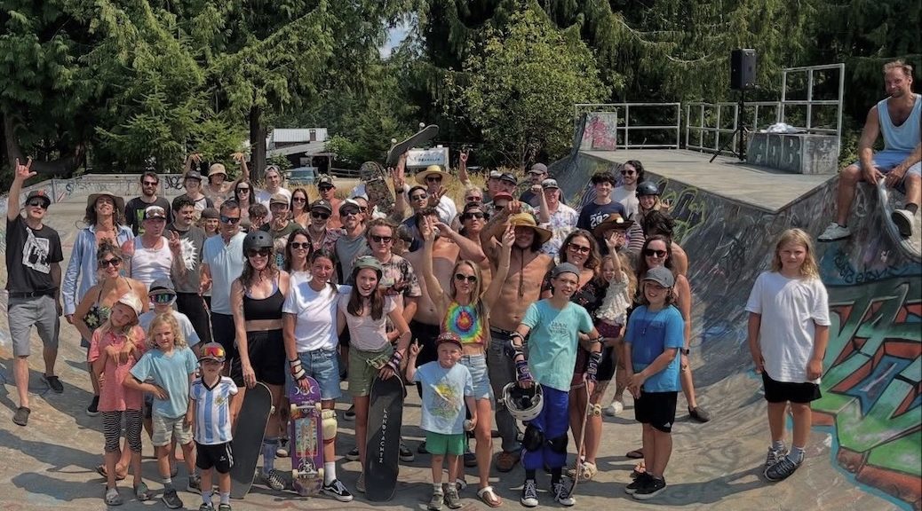 Group photo of the Cortes Island Skate Jam , which benefitted from a Microgrants 4 Neighbours grant