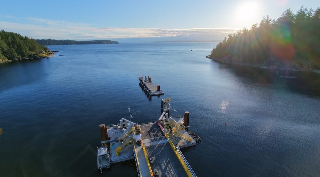 Aerial view looking from the Whaletown terminal out to the ocean