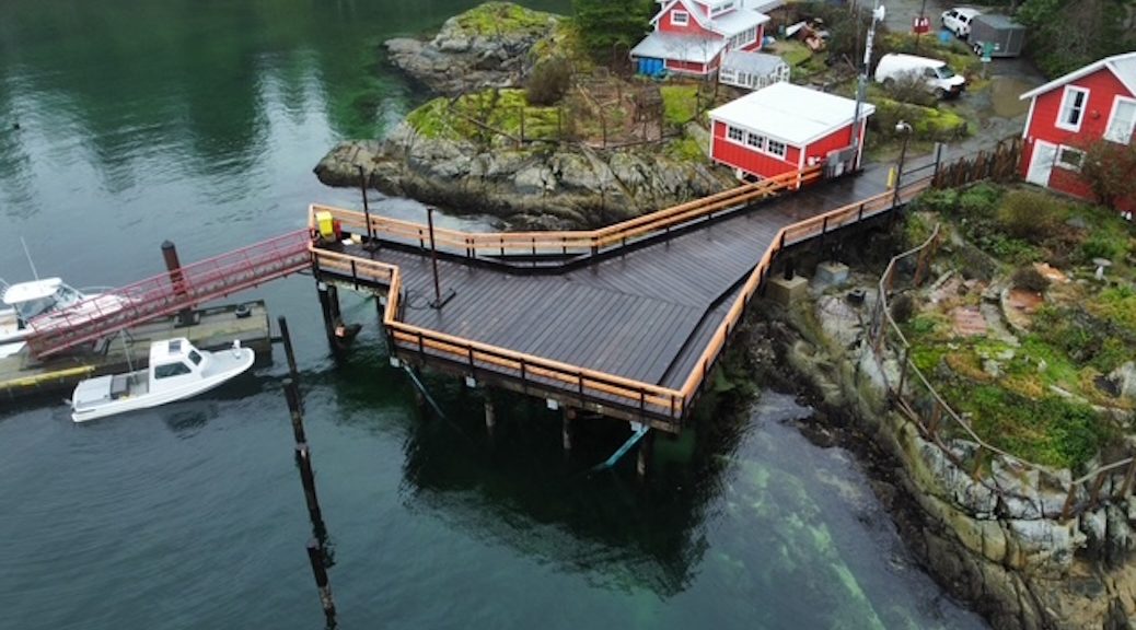 Aerial view of Whaletown docks, a project finished during 2025/26: A Busy Winter for Cortes Community Docks 