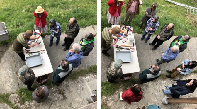 Two pictures, showing the crowd size increasing around the table where a man is sharpening tools