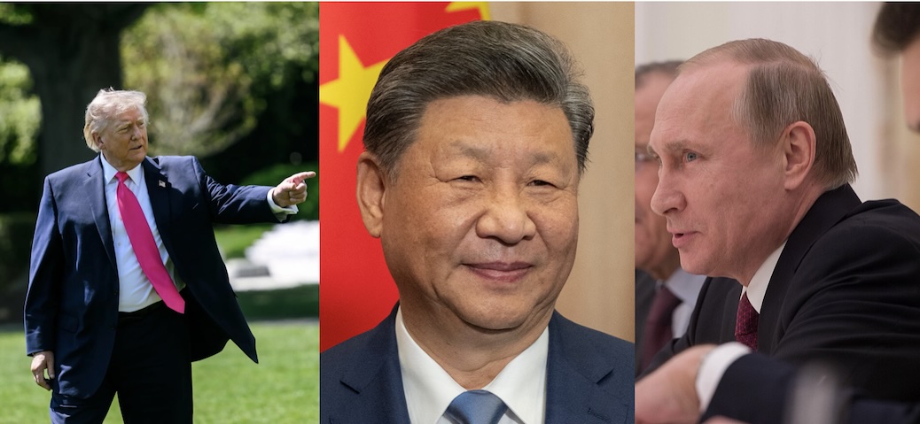photographs of Donald Trump, Xi Jinping and Vladimir Putin