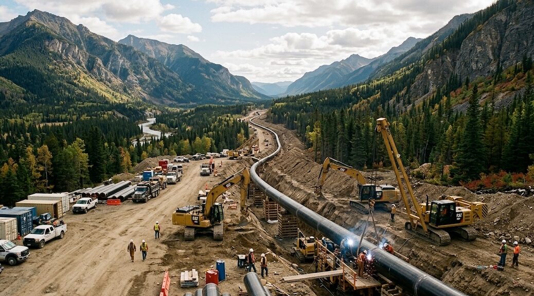 AI image of Pipeline being built through a mountain pass