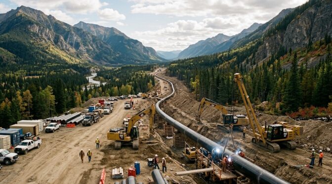 AI image of Pipeline being built through a mountain pass