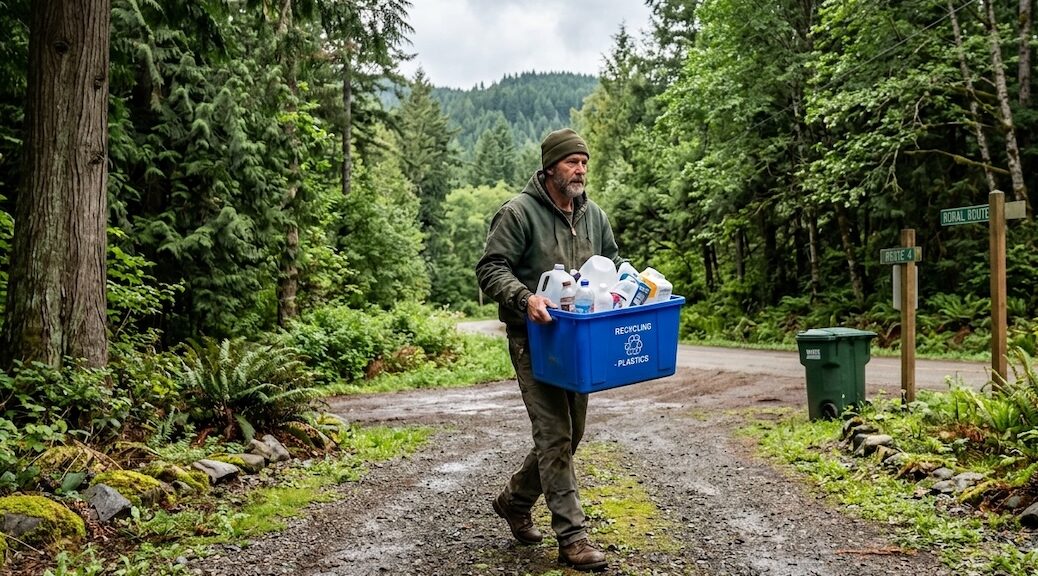 Man carrying bin of plastics down to the bottom of his driveway for pick-up