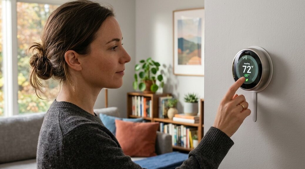 Woman setting a DER device, a smart thermometer