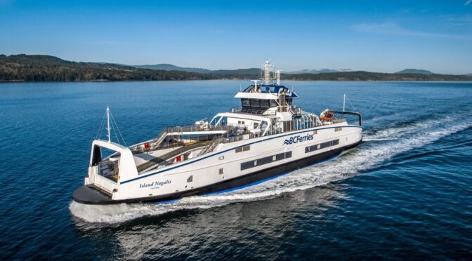 Aierial view of the ferry Nagalis as it saild close to an island