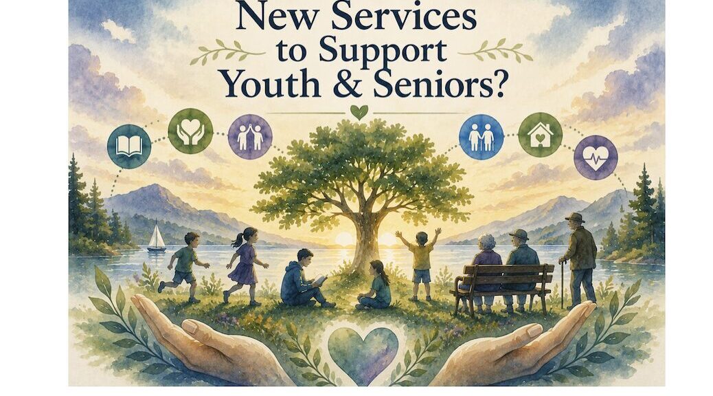 A pair of open hands lft youth and seniors upward in a parklike envirnoment. The text says New Services To Support Youth and Seniors
