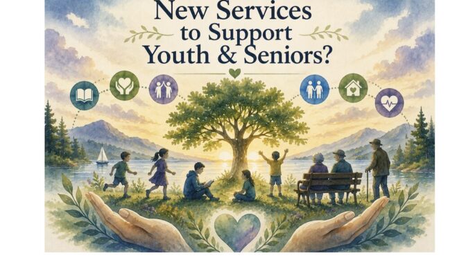 A pair of open hands lft youth and seniors upward in a parklike envirnoment. The text says New Services To Support Youth and Seniors