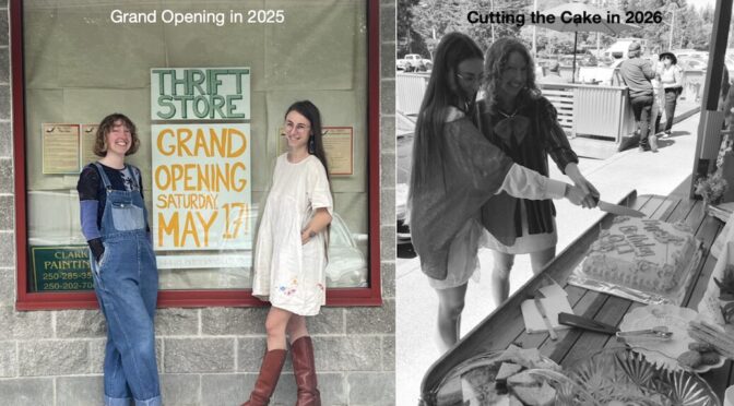 Two young women before a poster announcing the opening of Quadra Island Thrift in 2025 and cutting the cake for its anniversary in 2026