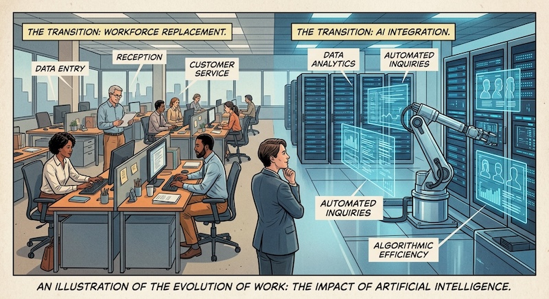 Illustration of AI replacing data entry, reception and customer service jobs 