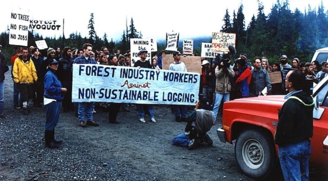 A group of people with signs like 'Forest INdustry Workers against Non-Sustainable Logging" and Protect Clayoquot'