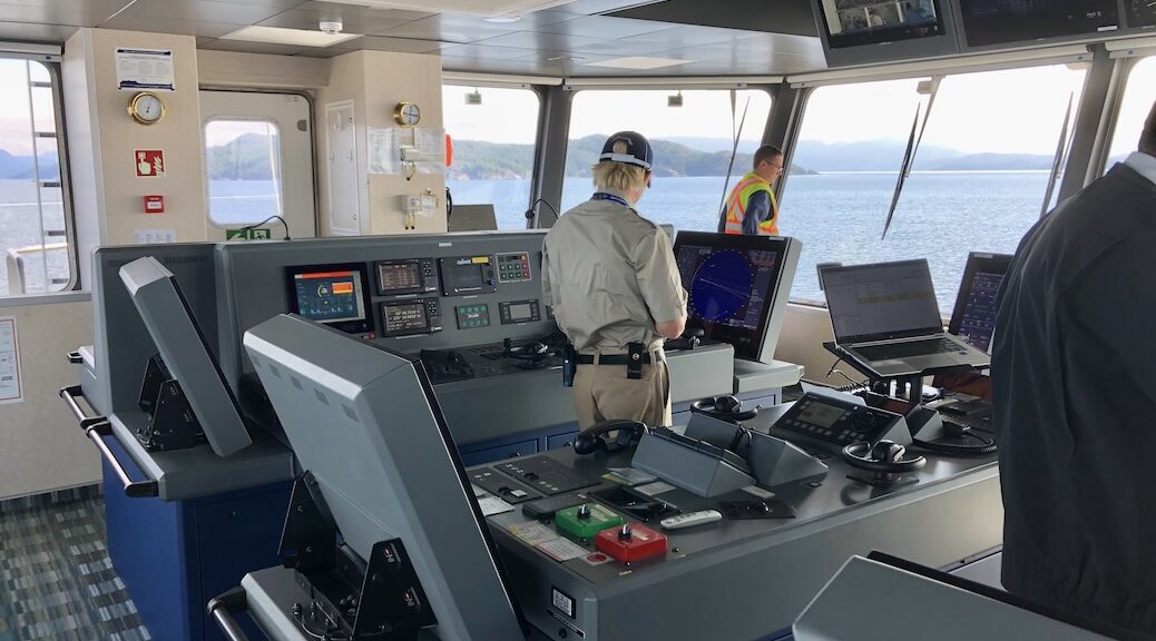 A crewman stairs outside from the bridge of the Island Nagalis