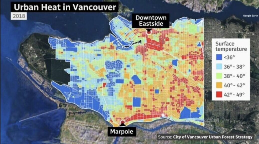 A colour coded map of Vancouver. the eastern sections displaying red and orange patches while the west us predominantly blues and green