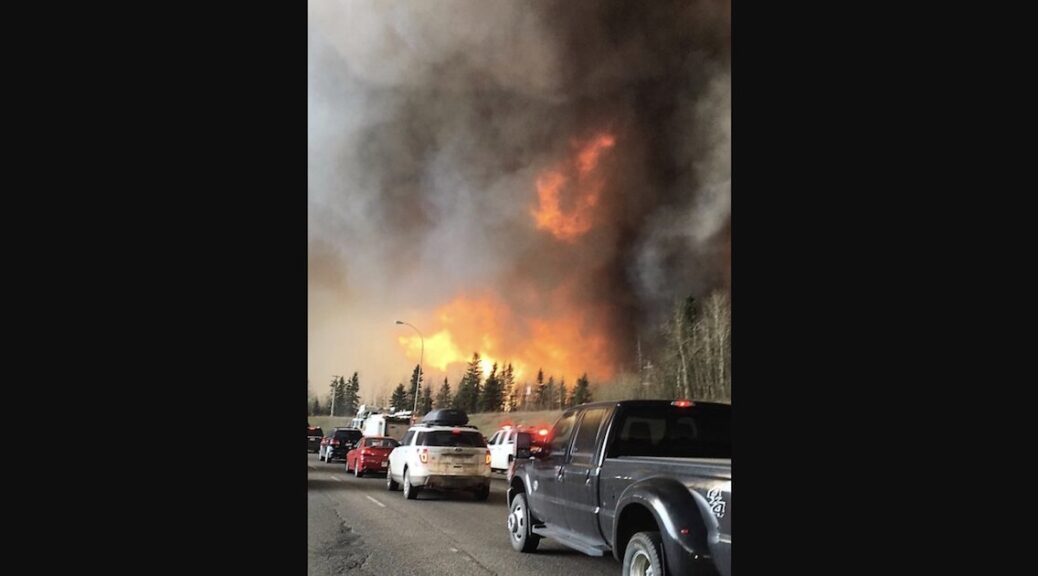 Forest on fire near a highway full of cars